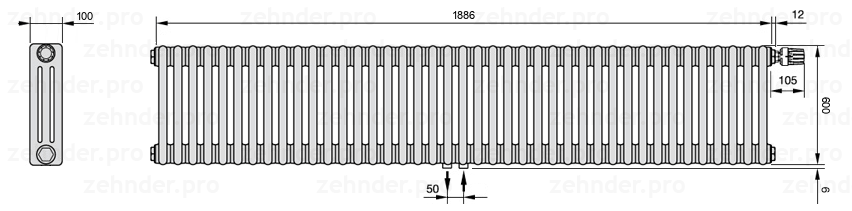 Схема (чертеж) Радиатор Zehnder Charleston 3060/41 №V008 Белый глянцевый RAL 9016